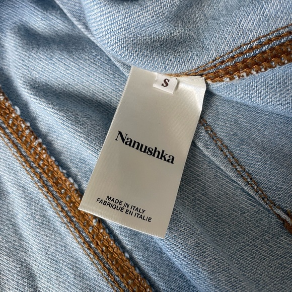 Nanushka Italian Denim Wrap Mini Dress Belted Short Sleeve Blue Size S boho - Picture 7 of 8